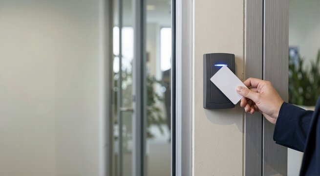 Hand holding a blank white access card to a black electronic reader with a blue LED light. Security control system at a modern office glass door entrance