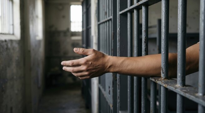 Prisoner's hand reaching out through heavy metal prison bars. Concept of incarceration, desperation, and seeking freedom