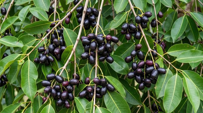 Clusters of ripe, dark purple java plum fruits hanging from thin branches amidst lush, vibrant green leaves on a tree, capturing the natural harvest of syzygium cumini in a garden setting