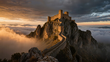 Obraz premium Majestic ancient stone citadel on a mountain peak at sunrise surrounded by morning fog