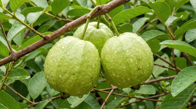 Three fresh green guava fruits hanging on a tree branch with dew drops, surrounded by lush green leaves in an orchard setting during the daytime