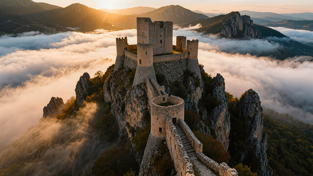 Majestic ancient stone citadel on a mountain peak at sunrise surrounded by morning fog