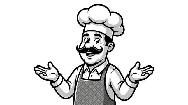 Smiling cartoon chef with mustache and hat making a welcoming gesture.