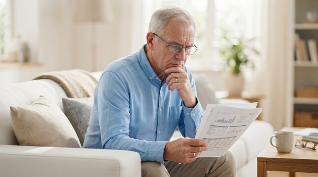 Stressed senior man sitting on a sofa reading insurance policy and pension documents at home.