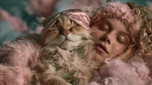 Sweet dream concept showing a beautiful young woman with curly blonde hair peacefully sleeping while hugging her fluffy persian cat, both resting comfortably among soft pink clouds