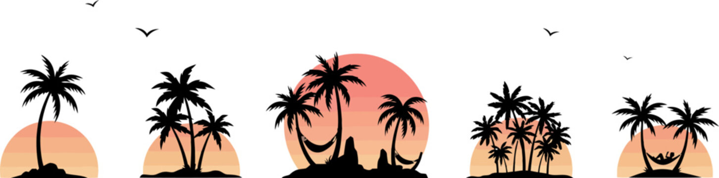 Tropical sunset silhouettes palm trees hammocks and island paradise scene