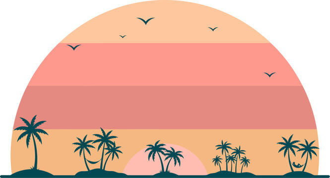 Tropical sunset silhouette with palm trees and flying birds