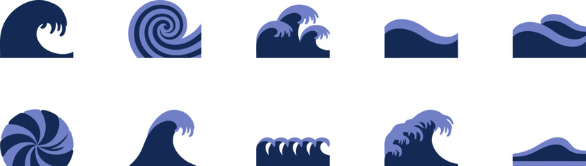 Naklejka premium Ocean wave icons set minimalist blue water crests and swirls