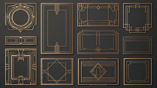 Set of gold art deco frames on a dark background. Elegant vintage geometric borders for luxury invitation designs.