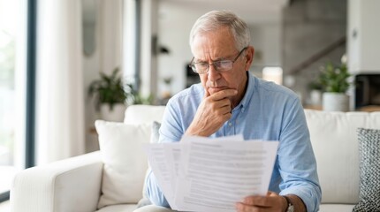 Fototapeta premium Stressed senior man sitting on a sofa reading insurance policy and pension documents at home.