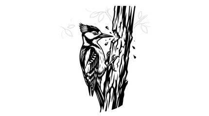 Woodpecker Pecks Tree Trunk, Ink Drawing, Nature Wildlife Art © mugi