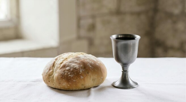 Holy communion bread loaf and silver chalice of red wine on a white tablecloth. Christian sacrament of the Eucharist still life