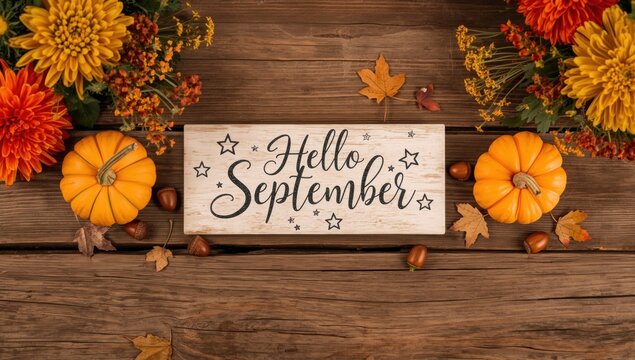 Hello september wooden sign decorated with orange pumpkins and colorful fall flowers on a dark rustic wood surface