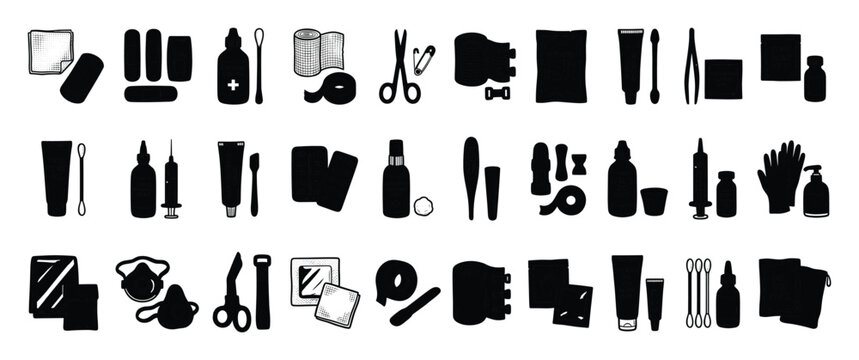 Set of essential health care and hygiene product items for medical and emergency purposes