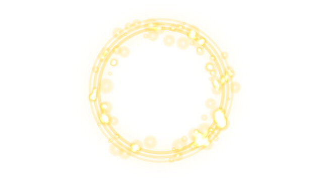 Glowing golden circular ring with scattered white light particles and concentric line patterns, abstract radiant energy effect