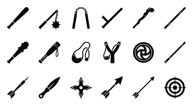 Set of martial arts and weapon icons perfect for game assets or security equipment concepts