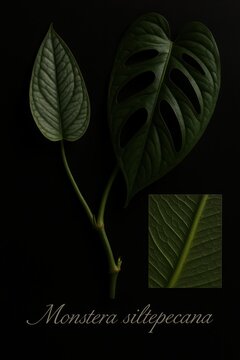 Scientific collage illustrating the leaf morphogenesis fenestration pattern and venation of monstera siltepecana