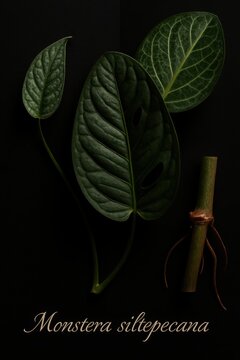 Detailed visual presentation depicting monstera siltepecana vine nodes fenestrated leaf and magnified epidermal texture