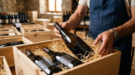 Obraz premium Hands packing luxury wine bottles into wooden crates with straw filling.