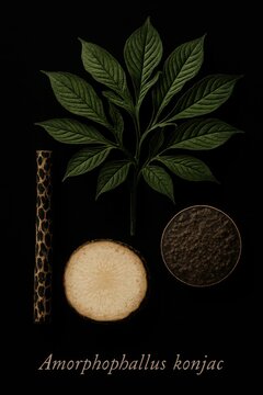 Scientific collage illustrating umbrella foliage speckled petiole and corm anatomy of amorphophallus konjac
