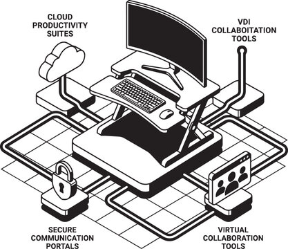 Isometric illustration of a remote workstation connected to digital business tools isometric