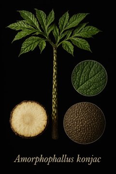 Morphological collage showcasing amorphophallus konjac compound blade mottled stem and corm texture