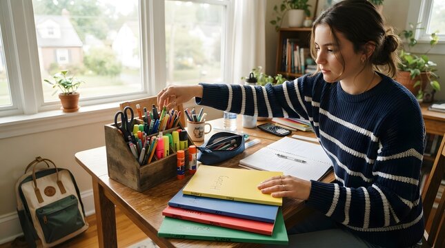 Young woman studying at a wooden desk with notebooks and school supplies