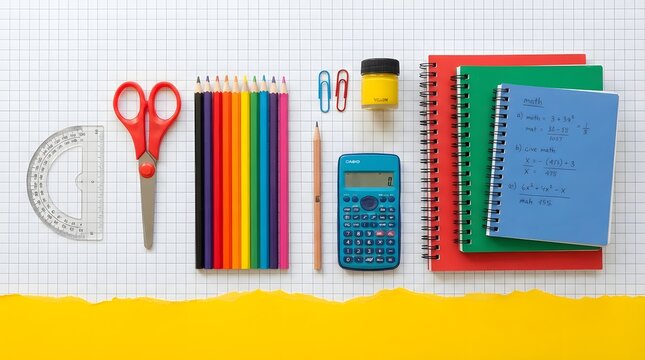 School stationery and math notebook on grid paper background