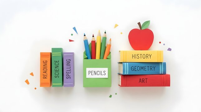 School supplies and books with an apple isolated on white background
