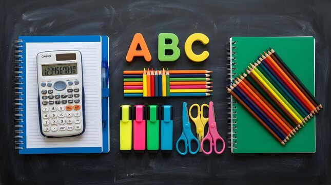 School supplies and calculator on a black chalkboard background