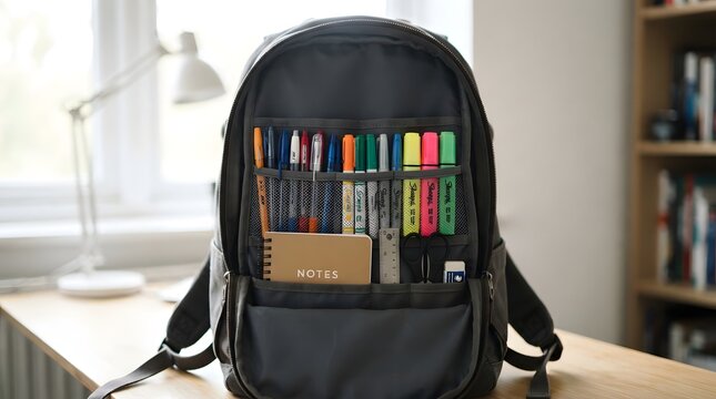 Open grey backpack filled with school supplies on a wooden desk