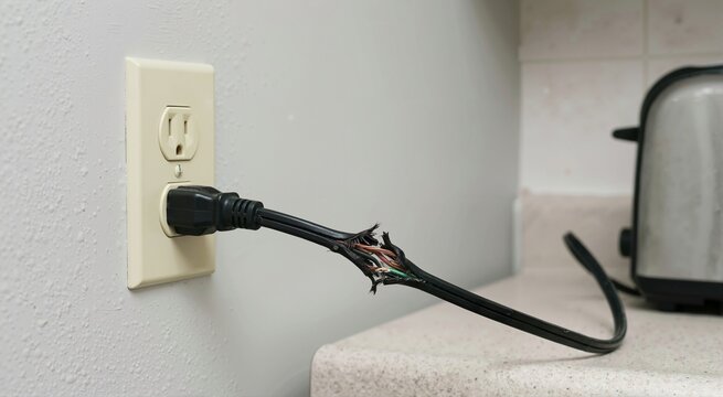Frayed and broken electrical cord plugged into a wall outlet. Damaged black power cable exposing inner wires on a kitchen counter. Home safety hazard concept