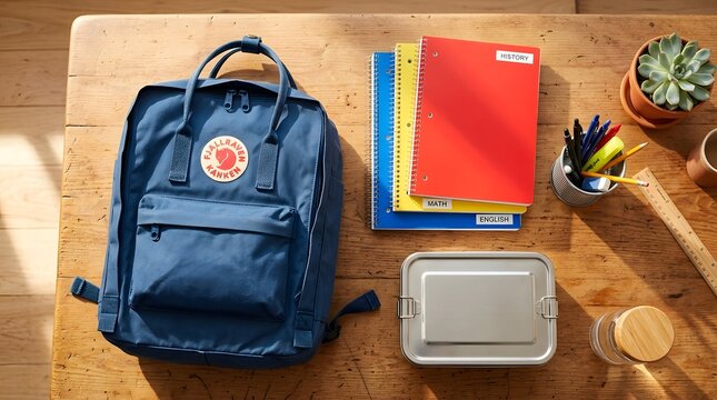 Fjallraven kanken backpack with school supplies on a wooden desk