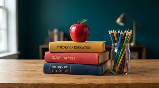 Stack of books with an apple and colored pencils on a wooden desk