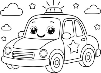 Cute police car coloring page for kids, cartoon patrol vehicle vector illustration, smiling police cruiser with stars and clouds © analyzer
