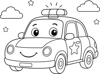 Cute police car coloring page for kids, cartoon emergency vehicle with smiling face vector, black and white line art of a friendly patrol car © analyzer