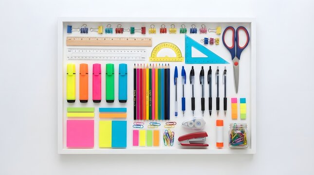 Flat lay of various colorful school and office stationery supplies organized in a white frame isolated on white background