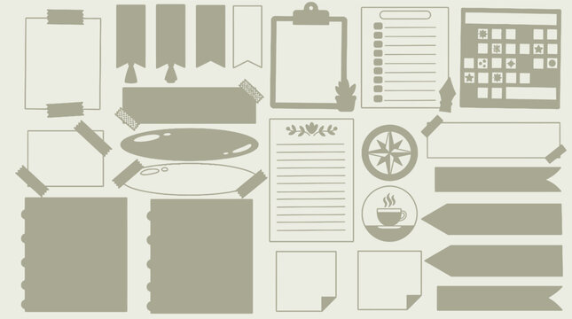 Conjunto de elementos de papelaria e adesivos decorativos em tons past&eacute;is, incluindo blocos de notas, listas de tarefas, etiquetas, calend&aacute;rios e &iacute;cones de caf&eacute; para planejamento e organiza&ccedil;&atilde;o.