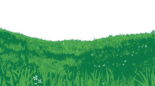 Ilustra&ccedil;&atilde;o vetorial de um campo de grama verde exuberante com flores silvestres pequenas e espa&ccedil;o em branco no topo para design, ideal para fundos de natureza e banners sazonais.