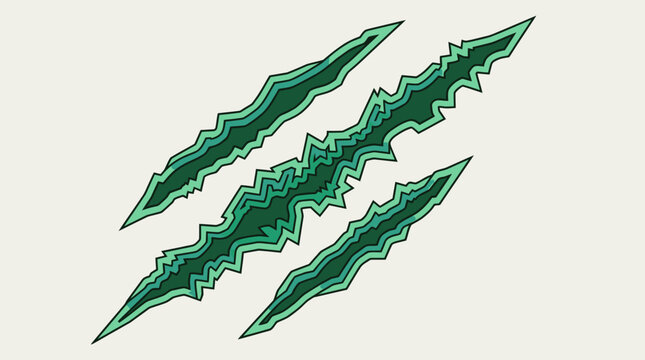 Ilustra&ccedil;&atilde;o vetorial de tr&ecirc;s marcas de garras de animal em tons de verde, representando um corte profundo ou arranh&atilde;o estilizado com bordas serrilhadas sobre um fundo neutro claro.