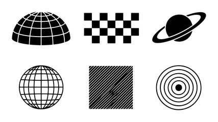 70 Geometric Icons Set: Globe, Saturn, Checkerboard, Grid, Target, Abstract Shapes, Minimalist Vector Graphics for Tech and Science Concepts 100 © Rahul987