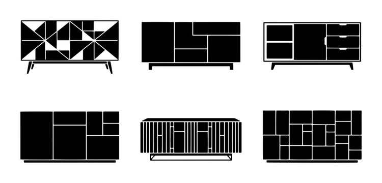 70 Modern Sideboard Vector Icons, Contemporary Cabinet Silhouettes, Minimalist Furniture Designs, Storage Unit Collection, Black and White Home Decor Elements 100
