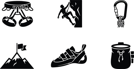 Fototapeta premium Outdoor climbing equipment icons with mountaineering and bouldering gear on a white background