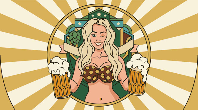Ilustra&ccedil;&atilde;o estilo pin-up vintage de uma mulher loira segurando canecas de cerveja espumante, com design gr&aacute;fico retr&ocirc; e elementos de l&uacute;pulo em um emblema circular decorativo.