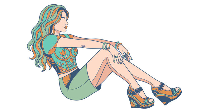 Illustration vectorielle d'une jeune femme &eacute;l&eacute;gante aux cheveux longs ondul&eacute;s, assise dans une pose d&eacute;contract&eacute;e, portant une tenue moderne et des chaussures &agrave; plateforme sur fond blanc.