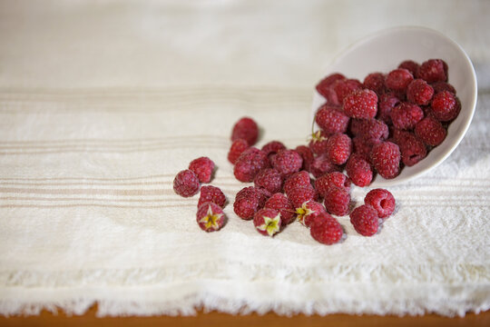 Ripe red raspberries spilling out of a white bowl on a light linen tablecloth with copy space.