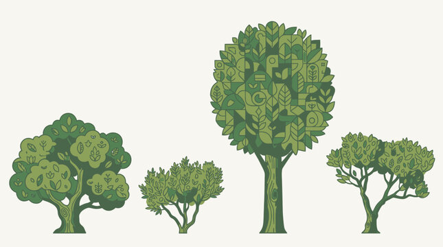Conjunto de quatro &aacute;rvores e arbustos estilizados com texturas geom&eacute;tricas em tons de verde, apresentando um design plano e moderno isolado em um fundo claro para projetos de paisagismo.