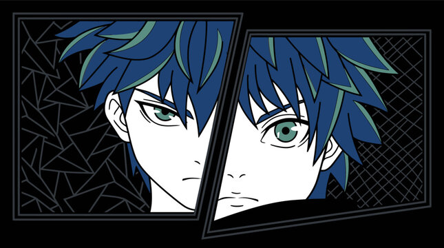 Ilustra&ccedil;&atilde;o estilo anime de um jovem com cabelo azul e olhos verdes intensos, apresentada em pain&eacute;is divididos com padr&otilde;es geom&eacute;tricos abstratos em um fundo preto contrastante.