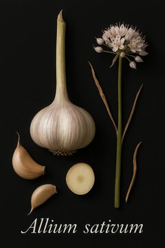 Structural taxonomy of Allium sativum presenting bulb clove and flowering scape