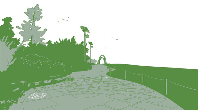 Illustration vectorielle d'un chemin pav&eacute; dans un parc verdoyant avec des arbres, des lampadaires solaires et une arche d&eacute;corative, offrant un espace de copie sur fond blanc.